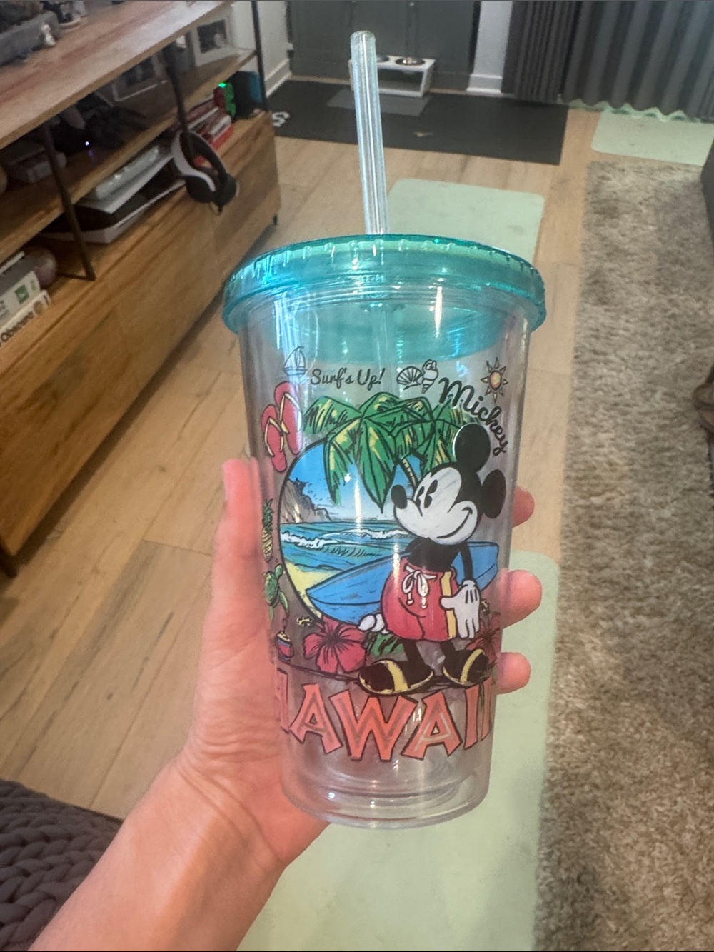 Disney Mickey Mouse Hawaii Plastic Tumbler Cup with Straw - Teal Lid Aulani excl